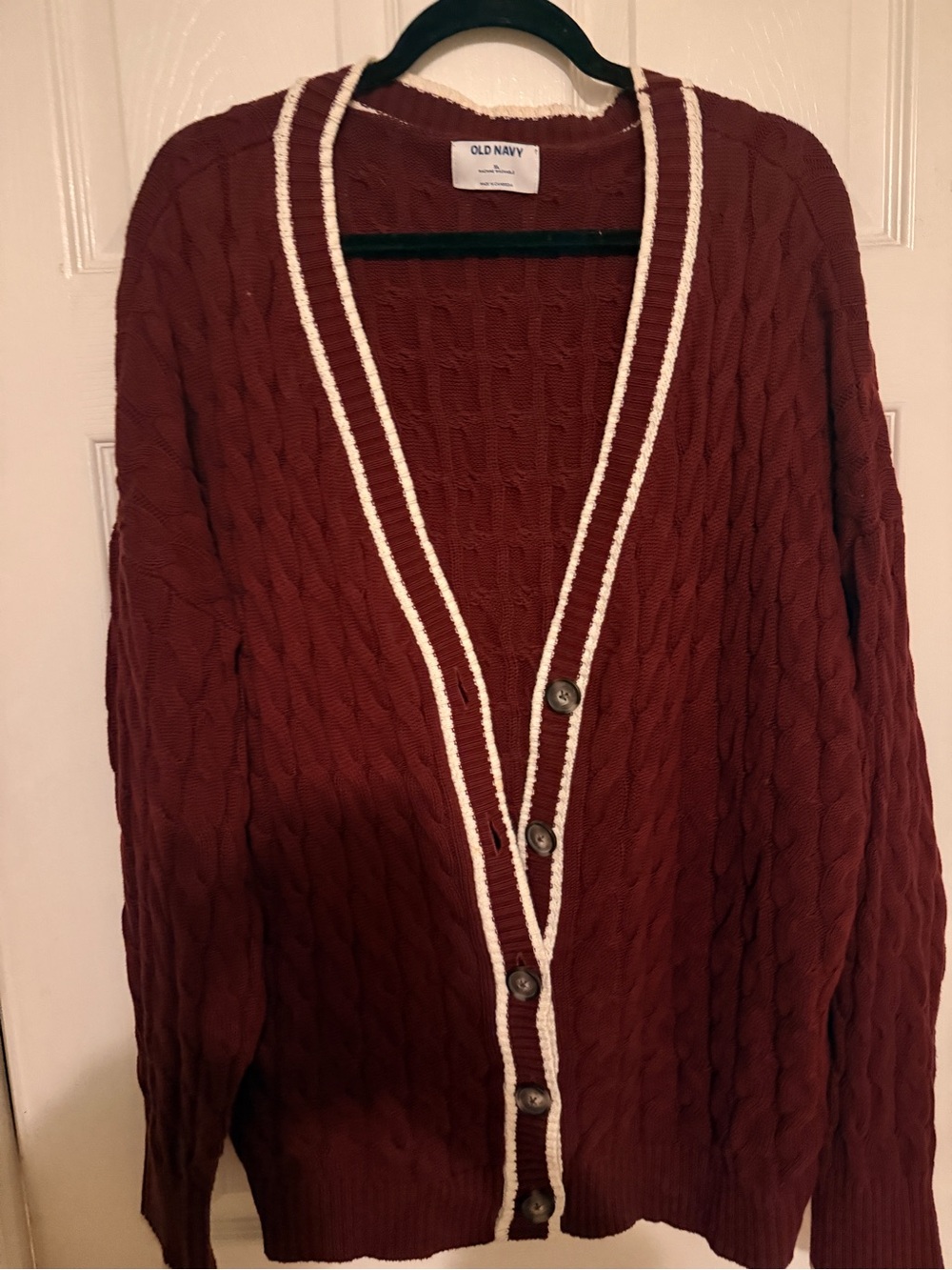 Old Navy Women's Maroon Cable Knit Cardigan with Cream Trim